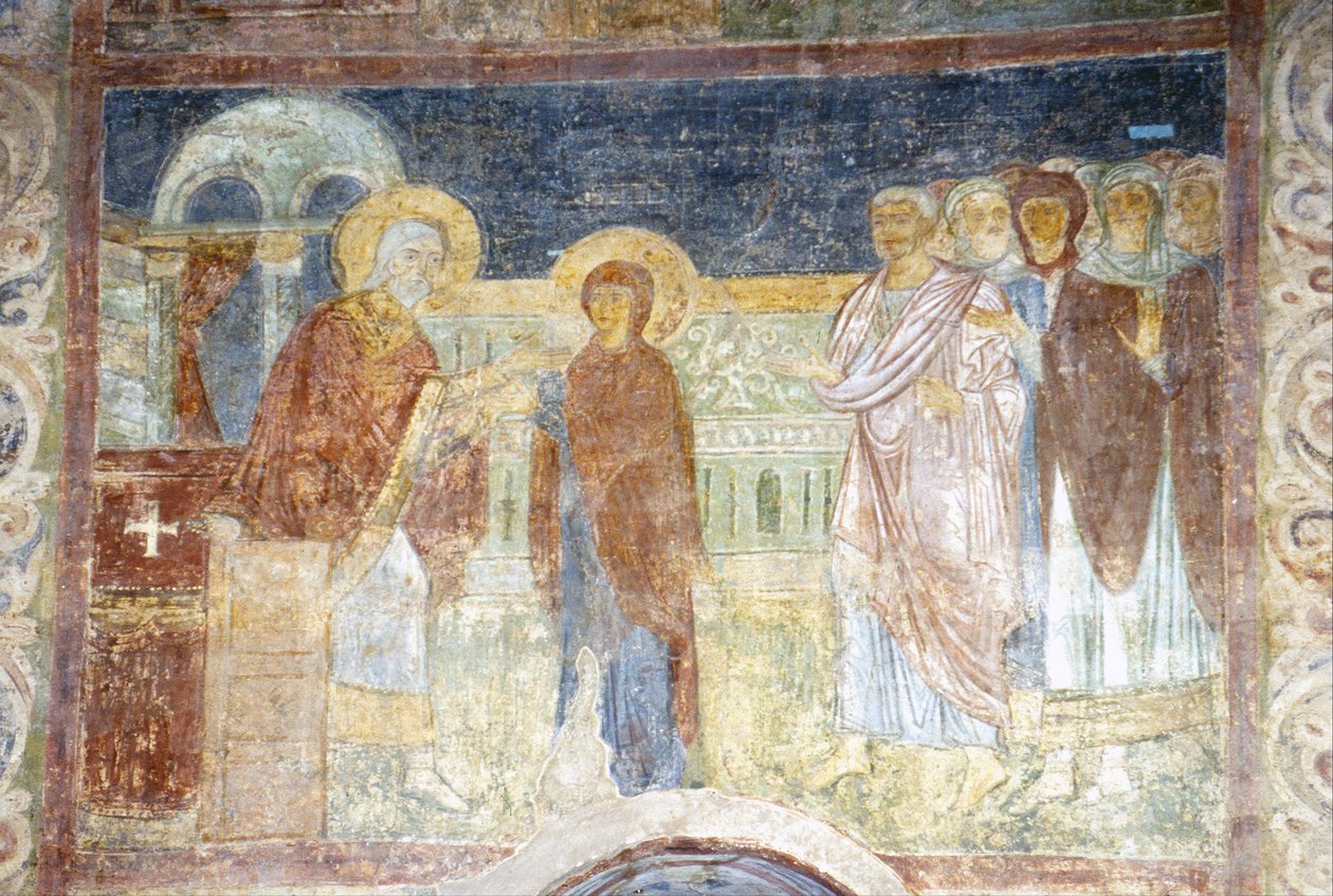 Jungfrun tar emot lila och cochenille av Ancient Russian frescos