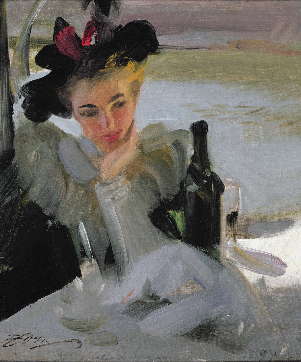 Dam Vid Cafe, 1894 (olja på duk monterad ombord) av Anders Leonard Zorn