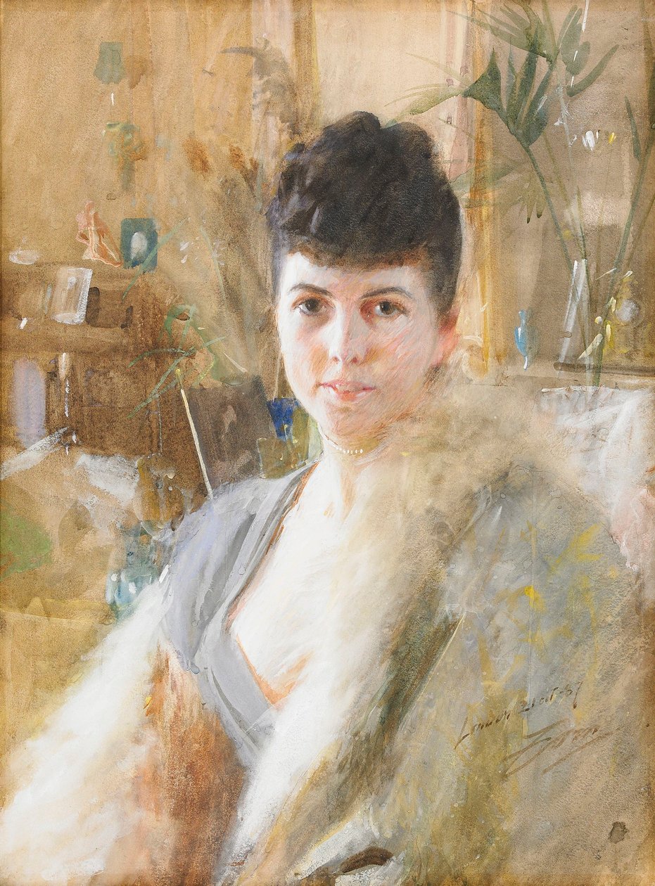 Lady with fur cape  av Anders Leonard Zorn