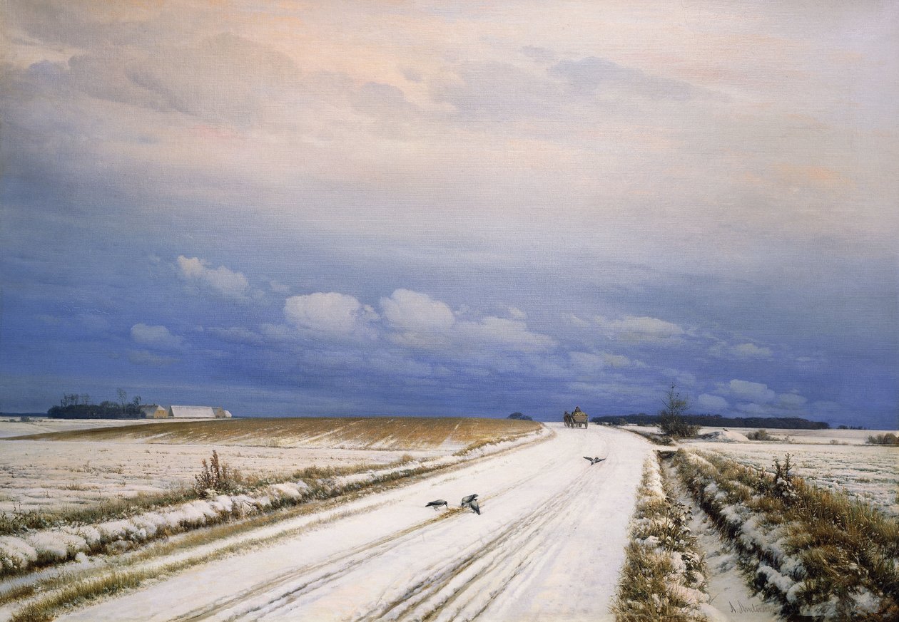 Ett vinterlandskap med häst och vagn, av Anders Andersen Lundby
