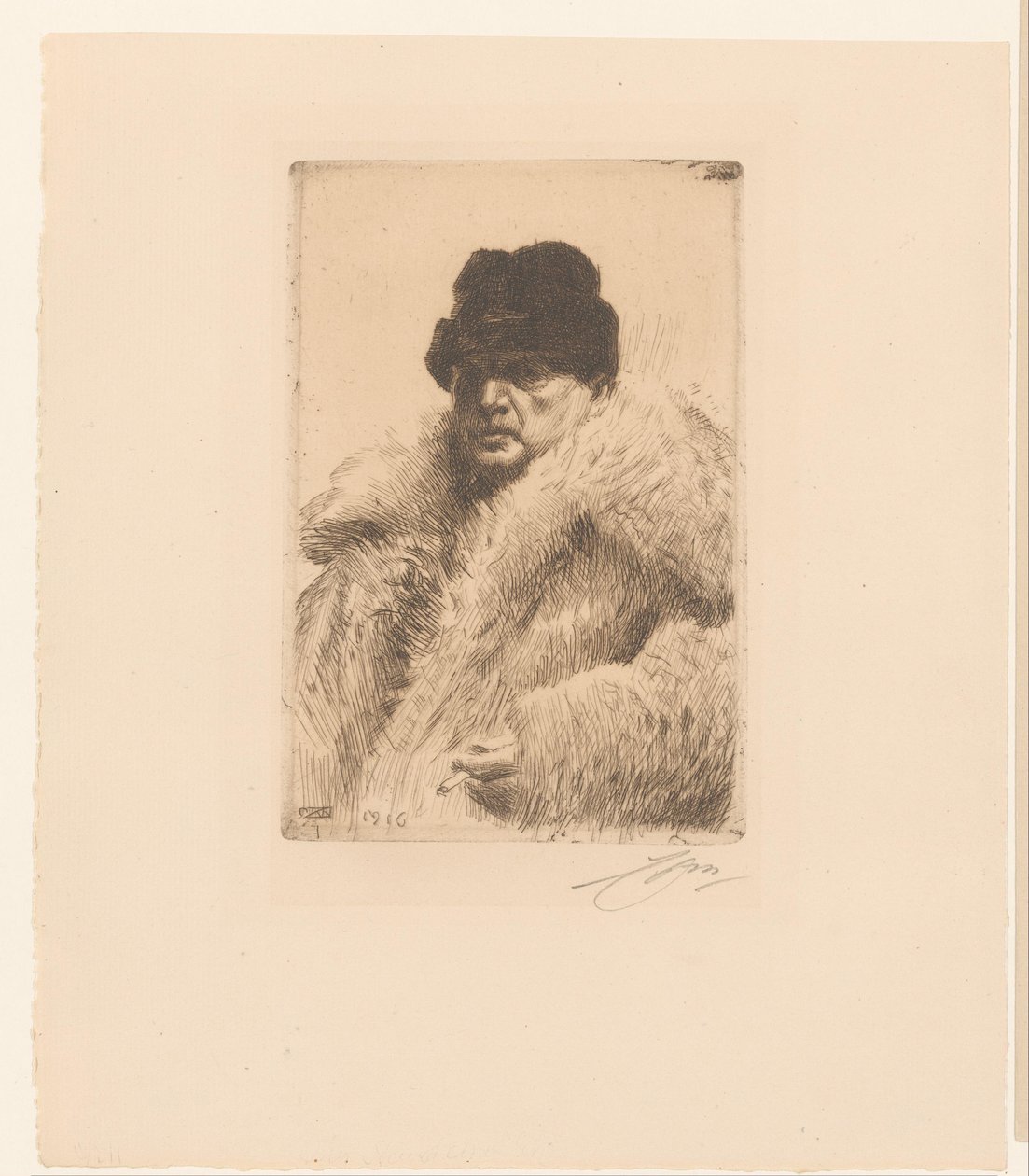 Självporträtt med päls och hatt av Anders Leonard Zorn (signed by artist)