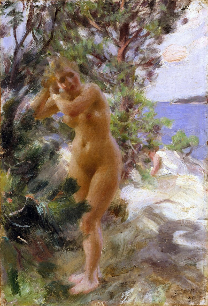 Apres le bain - Efter badet - Zorn, Anders Leonard (1860-1920) - 1895 - Olja på duk - 53,5x36,5 - Nationalmuseum Stockholm av Anders Leonard Zorn
