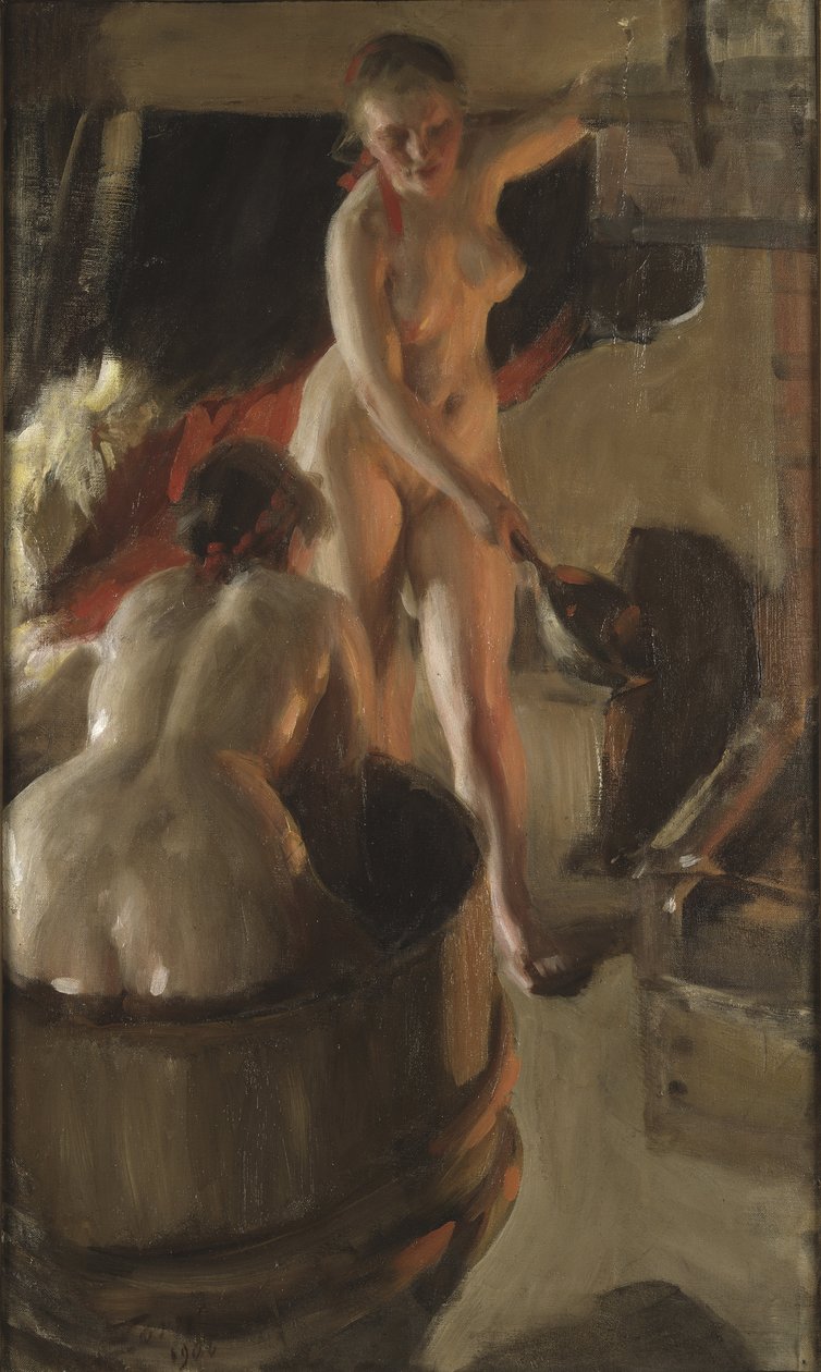 Filles de Dalecarlie prenant un bain - Flickor från Dalarna som badar, av Zorn, Anders Leonard (1860-1920). Olja på duk av Anders Leonard Zorn