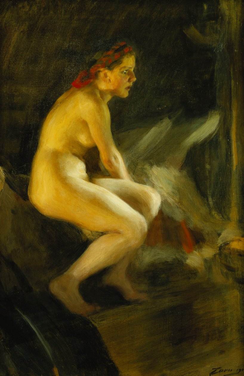 På sängen; Pa Sangkanten, 1910 av Anders Leonard Zorn