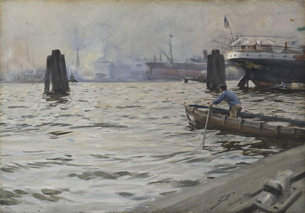 Hamborg Havn, 1891 (wc på papir) sverige av Anders Leonard Zorn