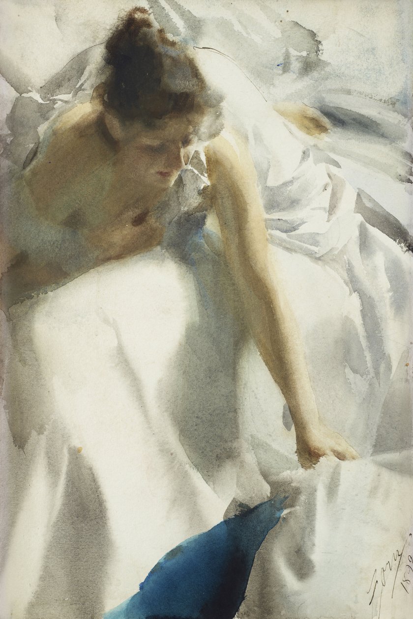 ""Reveil, boulevard Clichy, Paris"" (Awakening, Boulevard Clichy) Ung flicka i negligé - Akvarell av Anders Leonard Zorn (1860-1920) 1892 Privat samling av Anders Leonard Zorn