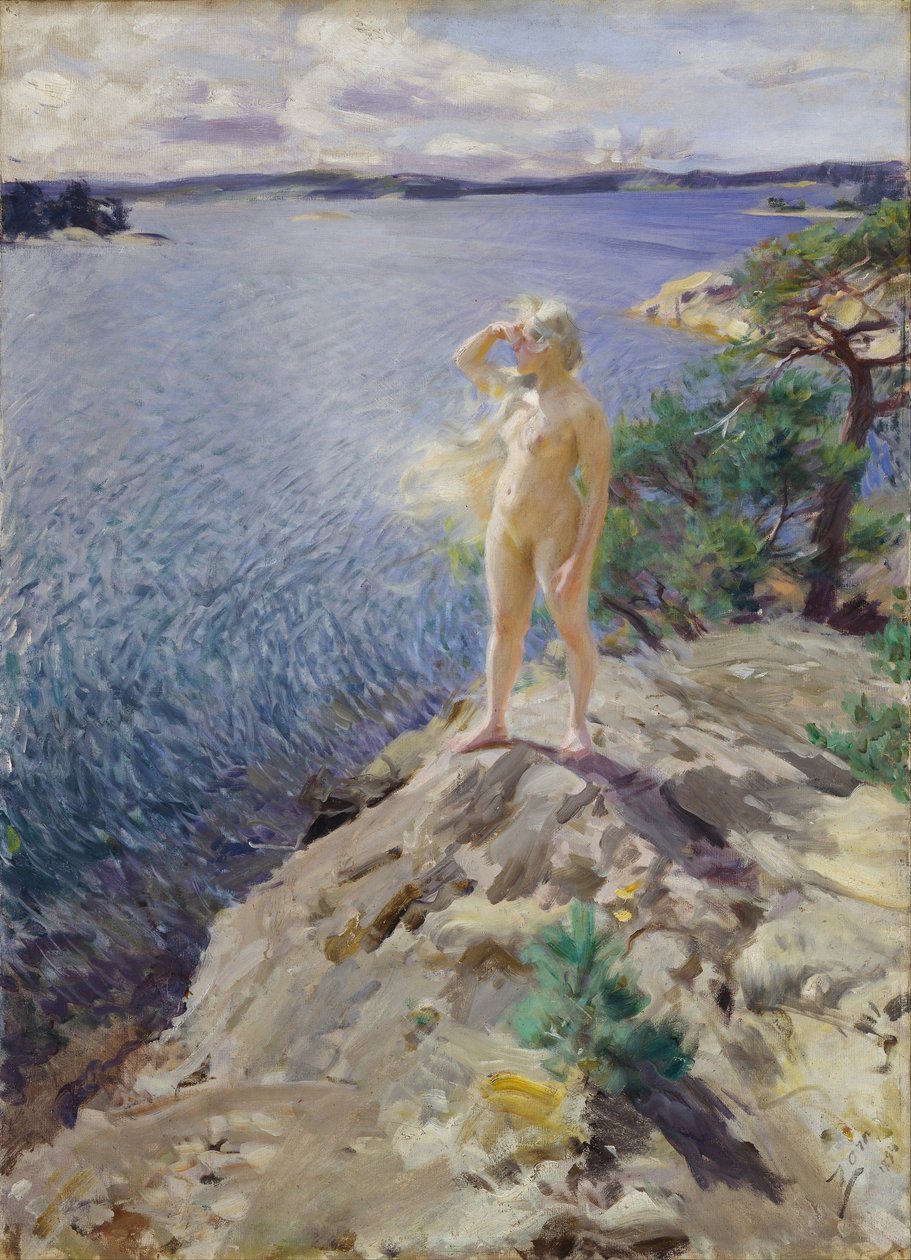 ""På klipporna"" Naken ung kvinna som avsöker horisonten vid havet - Målning av Anders Leonard Zorn (1860-1920) 1894 Nationalmuseet för konst Oslo Norge av Anders Leonard Zorn