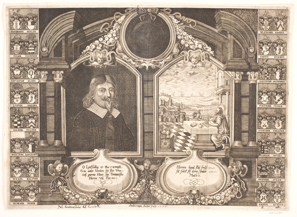 Johan Brockenhuus och scen med evangelisten Matteus. Till begravningspredikan av Anders Ottesen