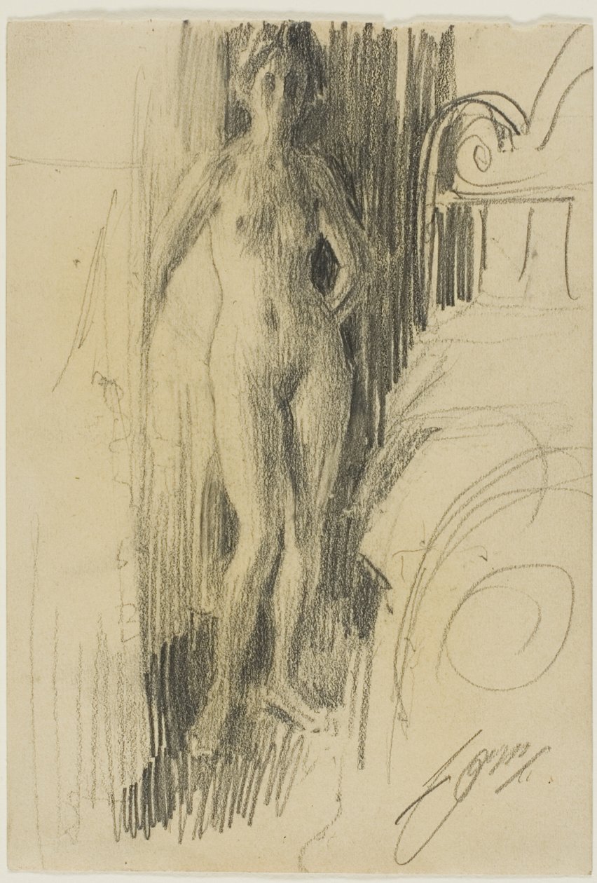 Naken figur som står nära en säng av Anders Leonard Zorn