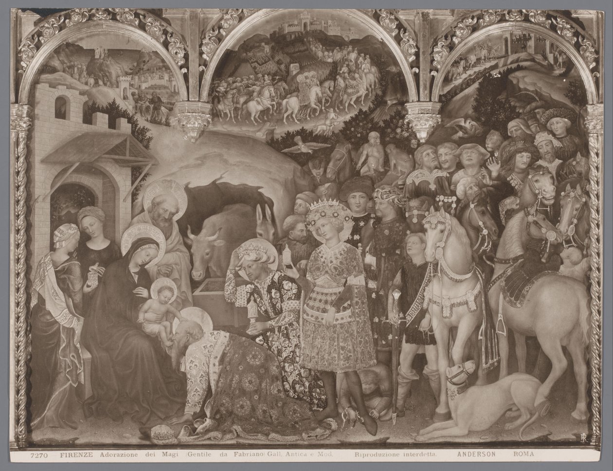 Fotoreproduktion av målningen Adoration of the Magi av Gentile da Fabriano Firenze, Adorazione dei Magi (Gentile da Fabriano) Gall. Antica e Mod. (titel på objekt) av Anderson (firma)