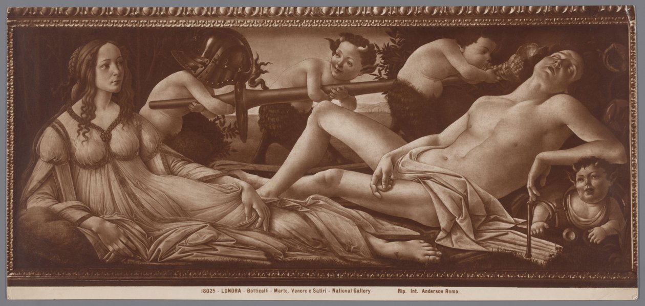 Fotoreproduktion av målningen Venus och Mars av Sandro Botticelli Londra, Botticelli, Marte, Venere e Satiri, National Gallery (titel på objekt) av Anderson (firma)