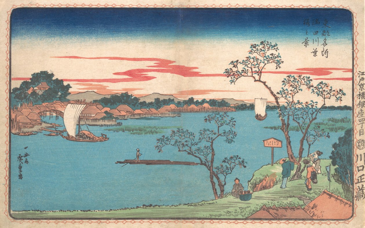En vy av körsbärsträd i löv längs Sumidafloden, 1831., 1831. av Ando Hiroshige