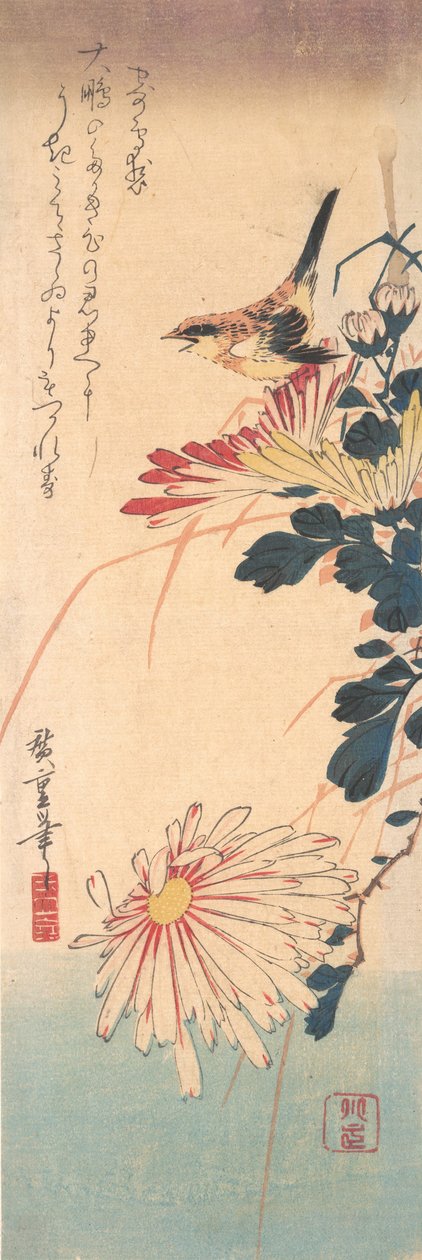 A Wren och krysantemum, ca. 1830., ca. 1830. av Ando Hiroshige