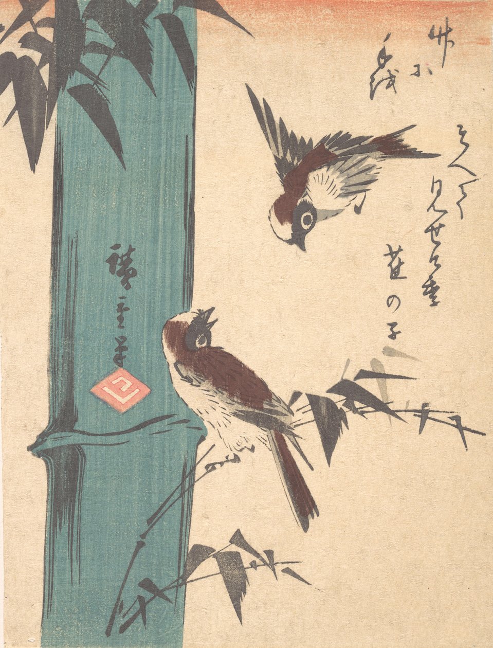 Bambu och sparvar, ca. 1840., ca. 1840. av Ando Hiroshige