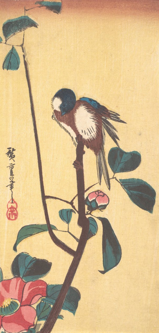Camellia and Blue-Headed Bird, ca. 1833., ca. 1833. av Ando Hiroshige