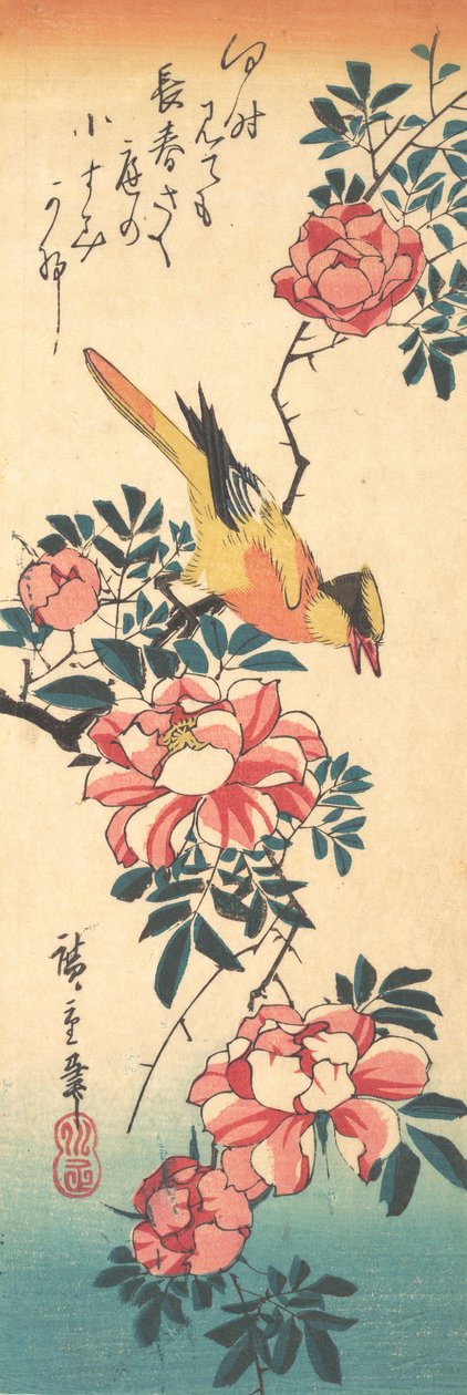 Östra grå vipstjärt och ros, tidigt 1830-tal, tidigt 1830-tal. av Ando Hiroshige