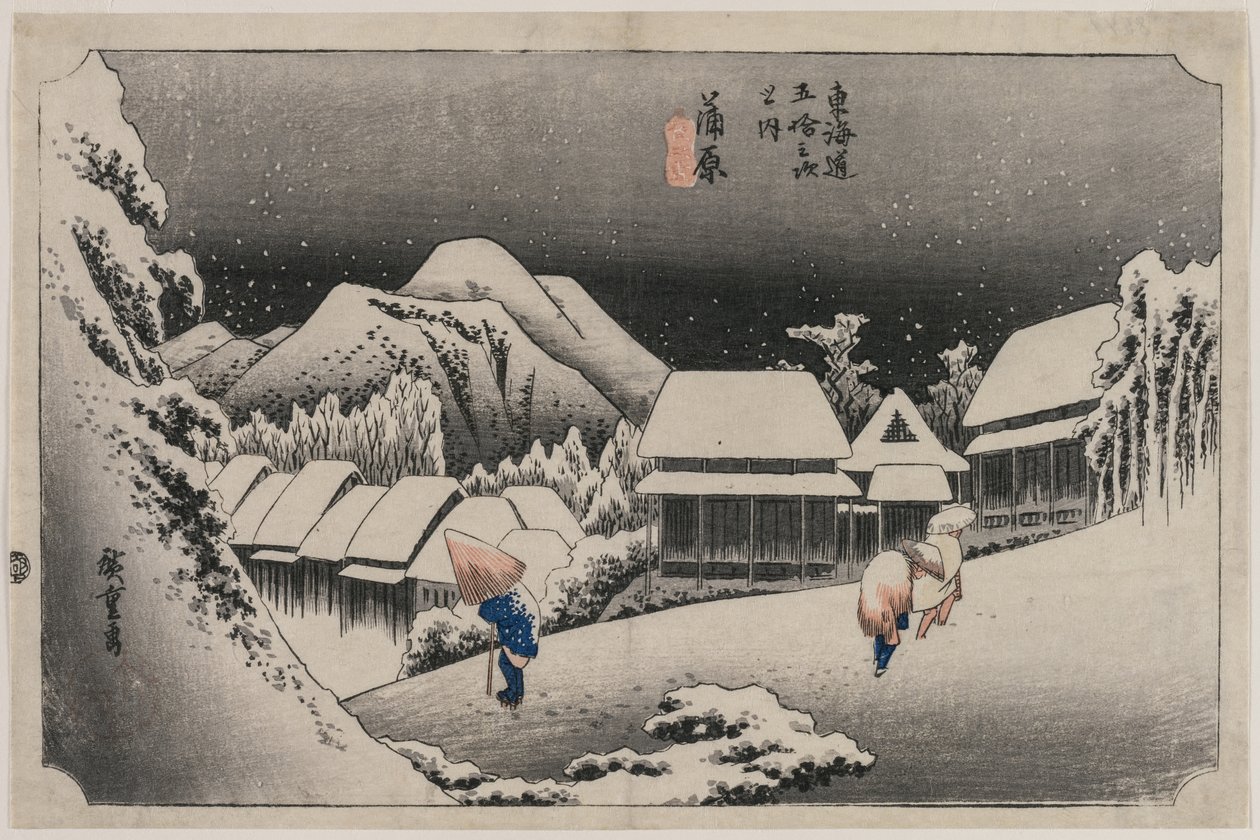 Evening Snow at Kambara nummer sexton i serien Fifty-three Stations of the Tokaido, 1833. av Ando Hiroshige