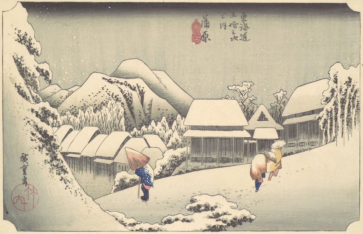 Evening Snow at Kanbara, från serien Fifty-three Stations of the Tokaido, ca...., ca. 1833-34. av Ando Hiroshige