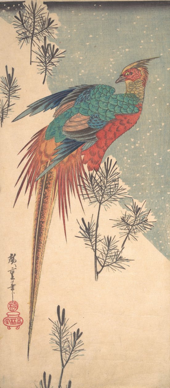 Guldfasan och tallskott i snö, ca. 1835., ca. 1835. av Ando Hiroshige