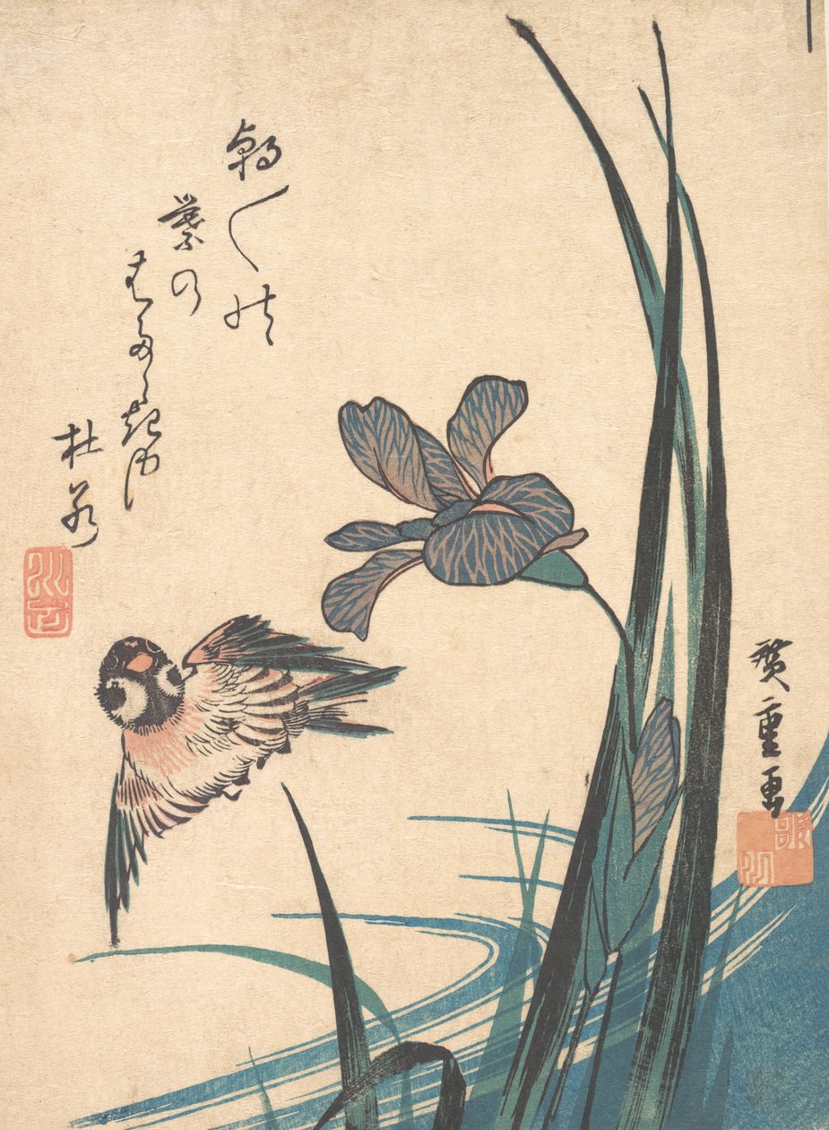 Iris och Sparrow, ca. 1832., ca. 1832. av Ando Hiroshige