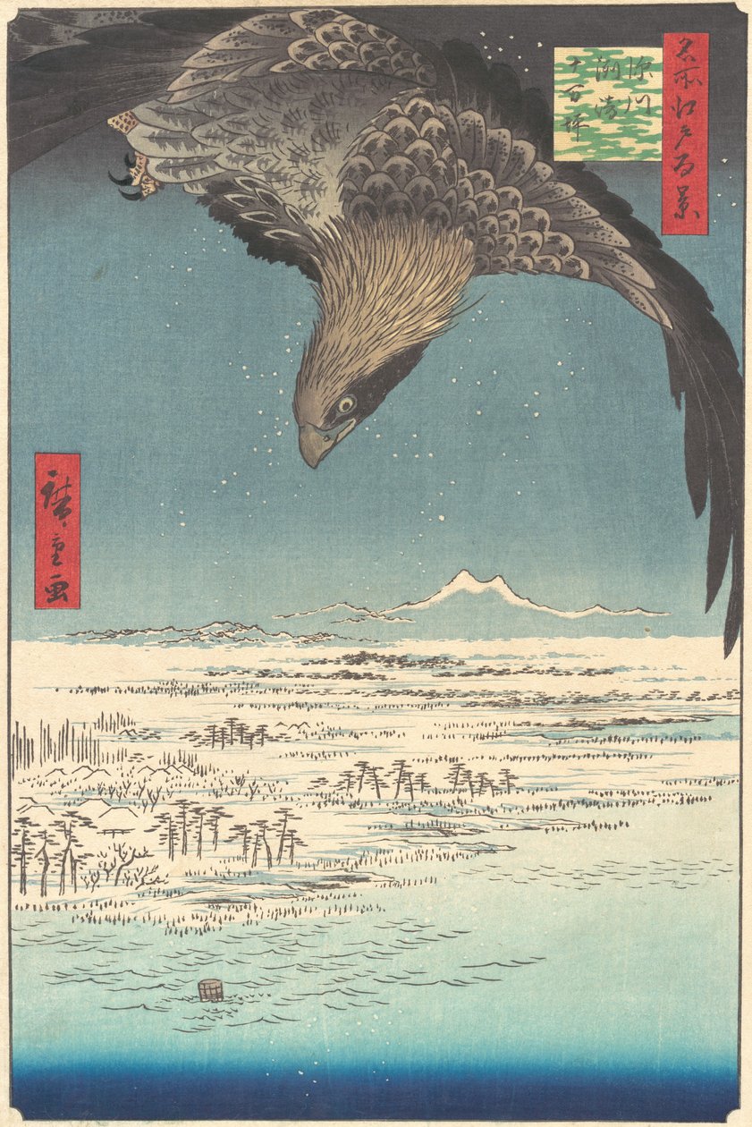 "Jumantsubo Plain at Fukagawa Susaki," från serien One Hundred Famous Views of Edo Me..., 1856. av Ando Hiroshige