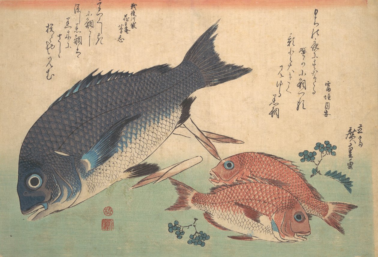 Kurodai och Kodai fisk med bambuskott och bär, från serien Uozukushi Every V..., 1830-talet. av Ando Hiroshige