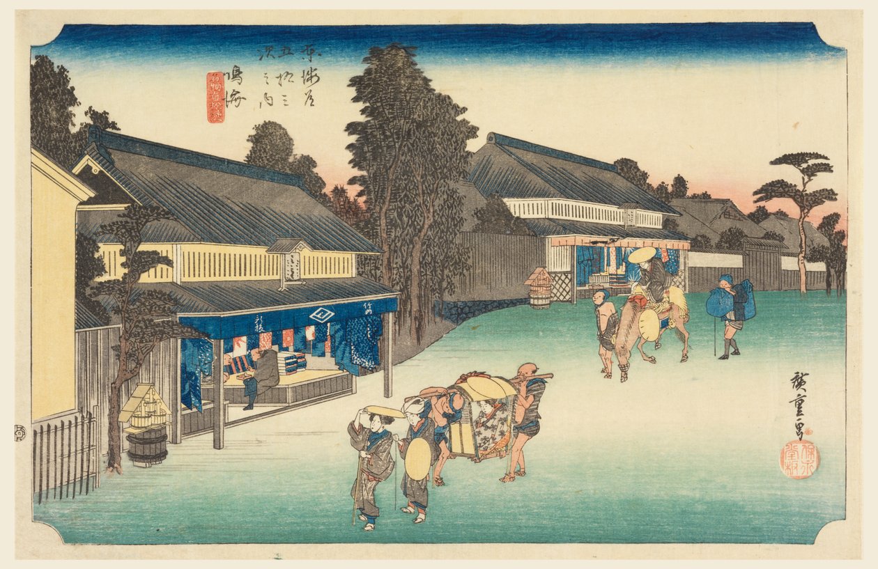 Narumi, en plats känd för sitt tyg, i de femtiotre stationerna på Tokaido Road (Tokaido Gojusan Tsugi-no Uchi) av Ando Hiroshige
