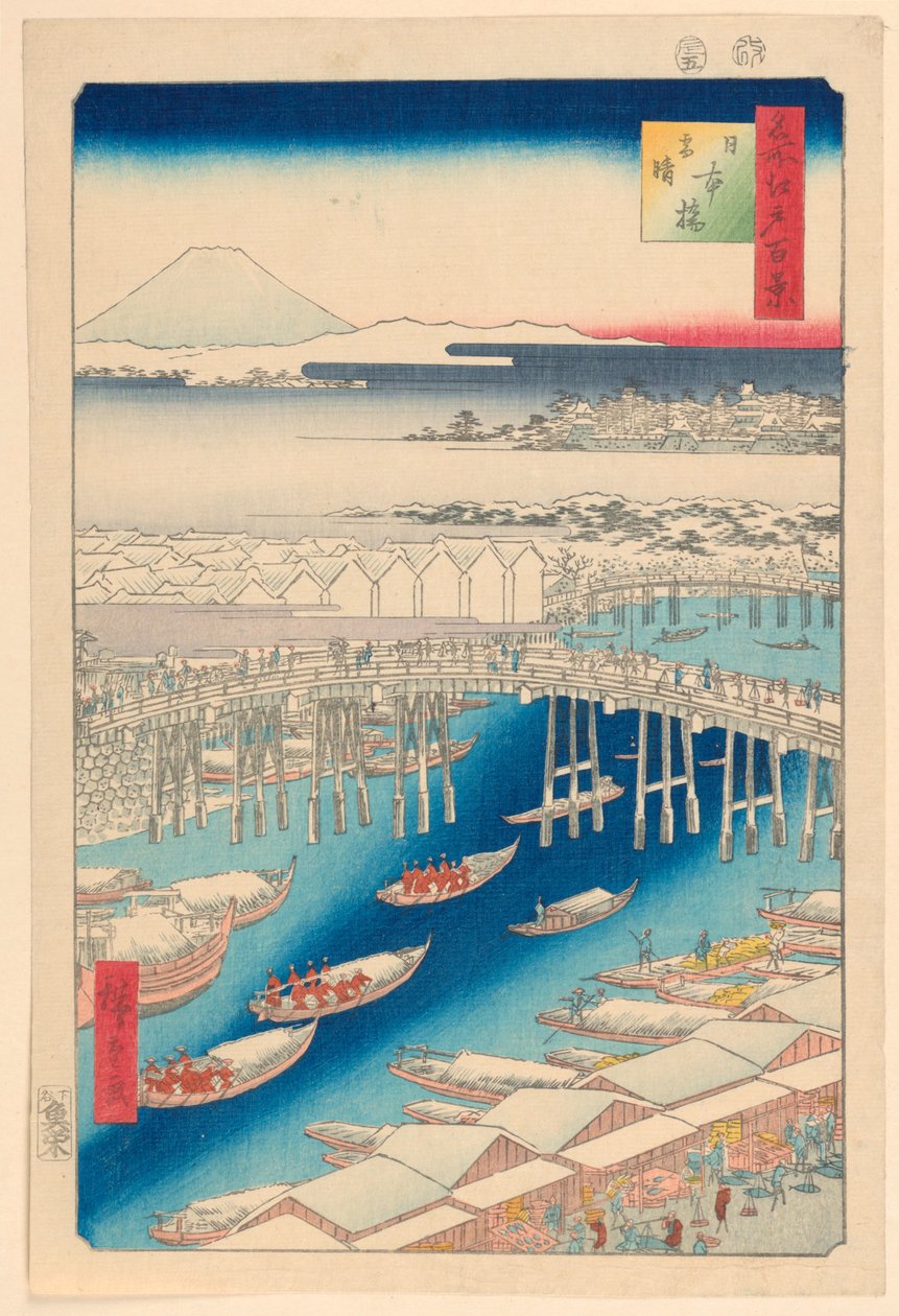 Nihonbashi, klarnar väder efter show (Nihonbashi, euky-bear) från serien Hundra berömda vyer av Edo av Ando Hiroshige