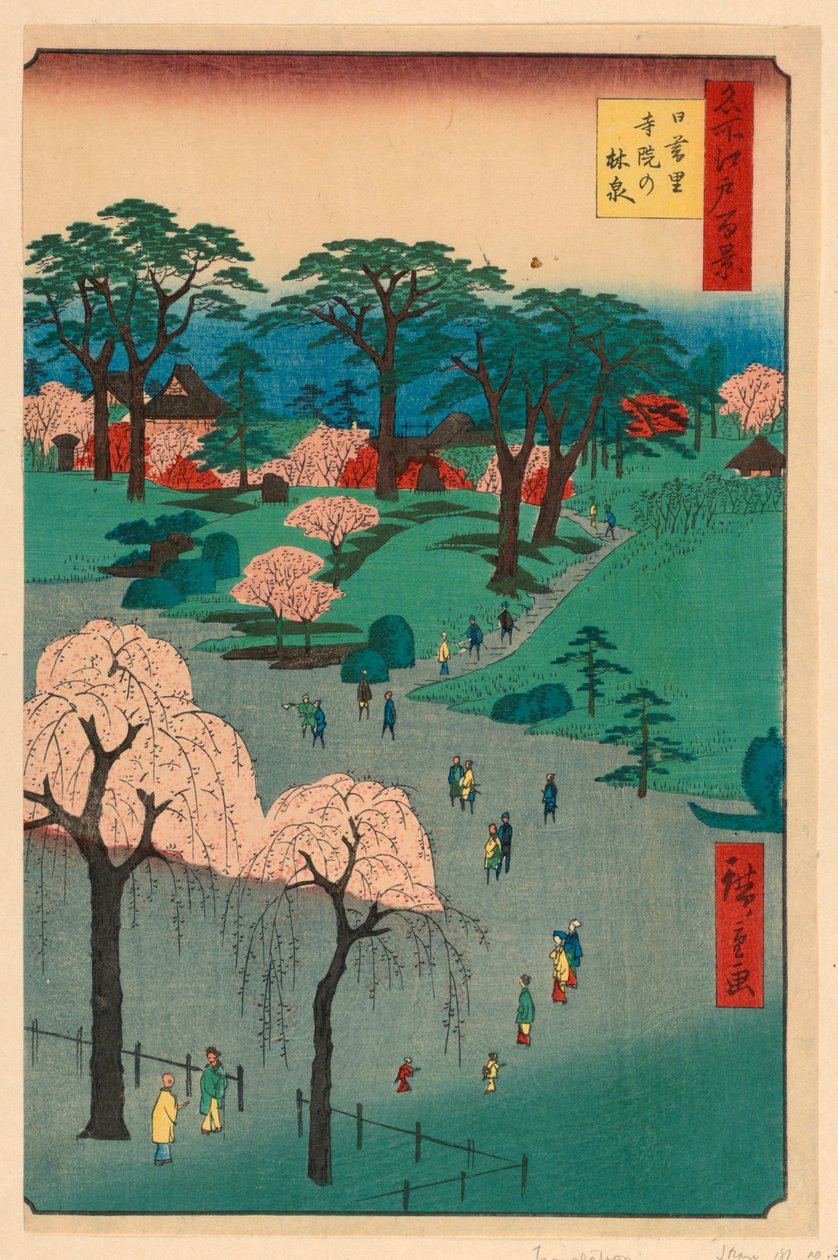Nippori, Temple Gardens (Nippori, Jiin No Rinsen) Från serien Hundra berömda utsikter över Edo av Ando Hiroshige