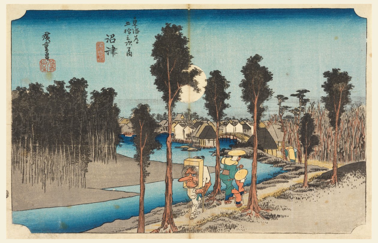 Numazu Eve människor g, medlem av femtiotre S tachi ljud s f te urbanitet lägre d (Urbanity main mountain next) av Ando Hiroshige