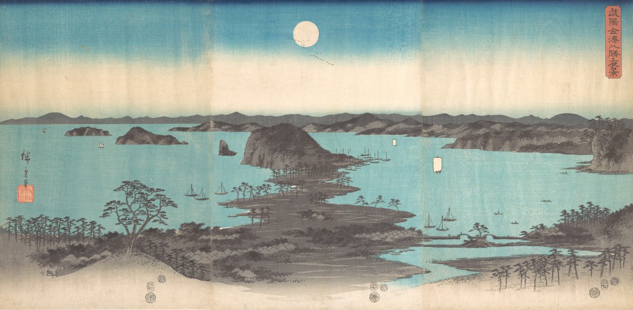 Panorama över de åtta vyerna av Kanasawa under en fullmåne, 1857., 1857. av Ando Hiroshige