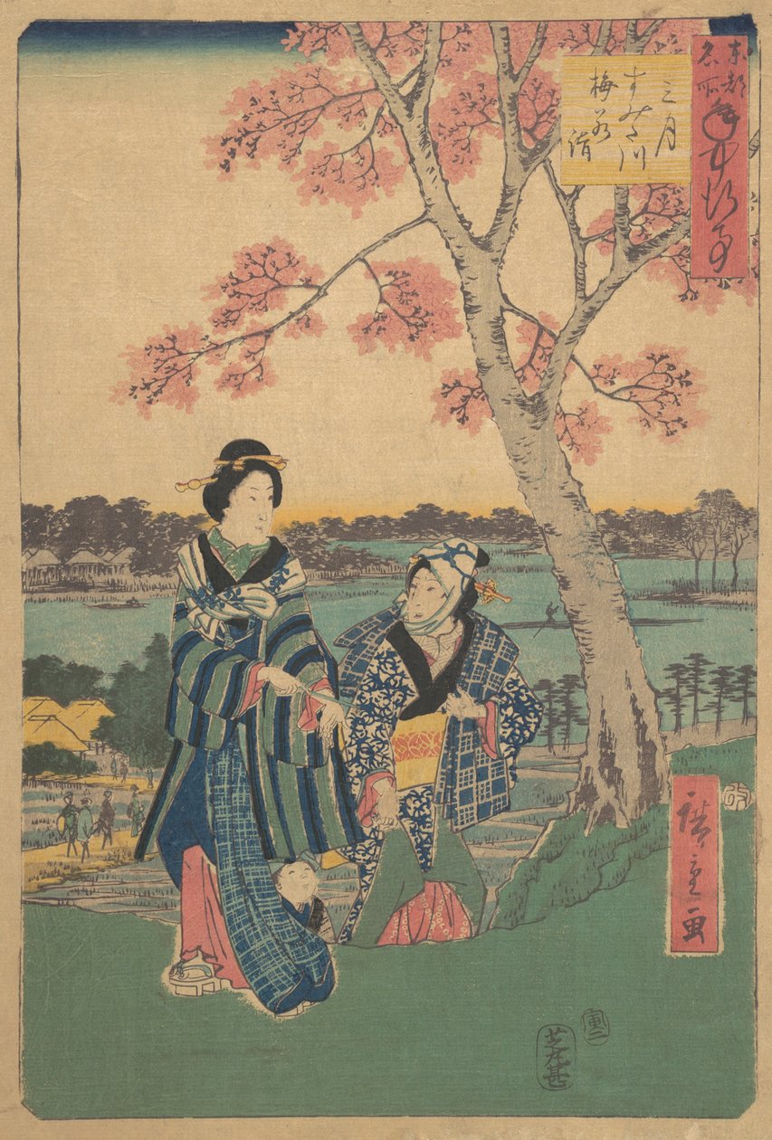 Titta på plommonblommor under den tredje månaden vid Sumida River från serien Annual Events at F..., 1854. av Ando Hiroshige