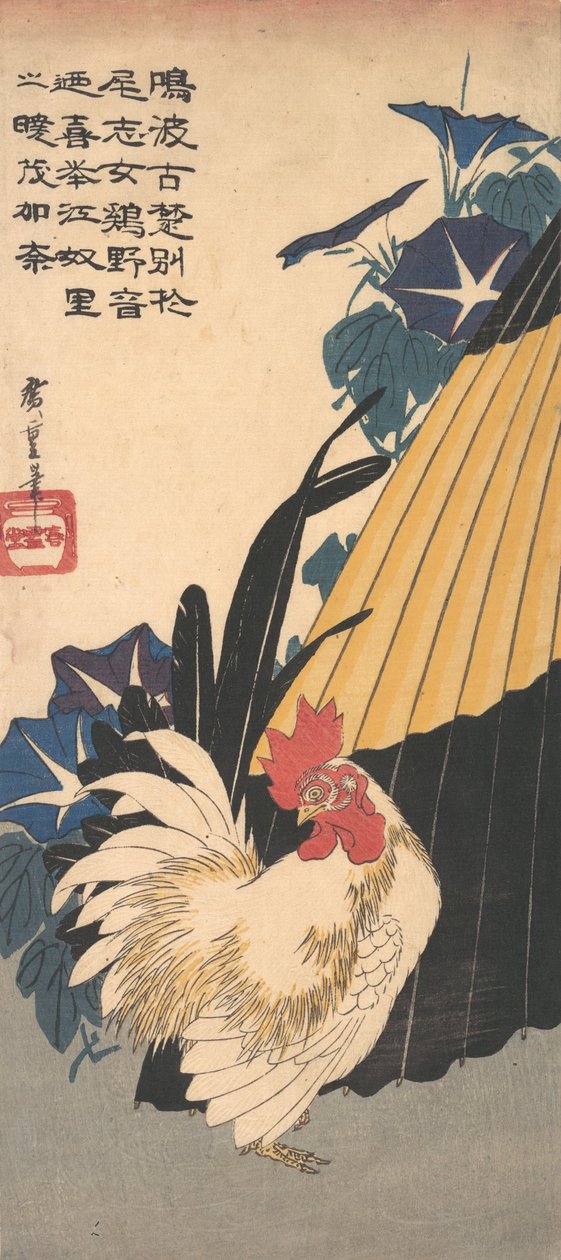 Tupp, paraply och Morning Glories, ca. 1830., ca. 1830. av Ando Hiroshige