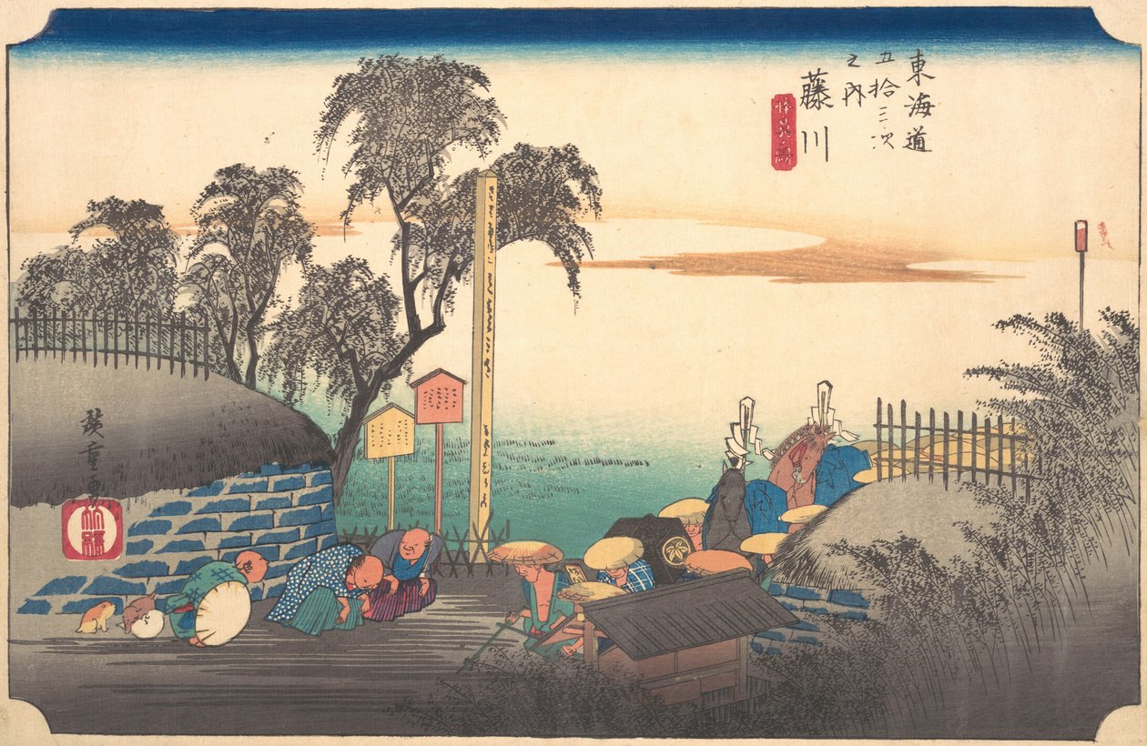 Station Thirty-Eight: Fujikawa, Scene at the Border, från de femtiotre stationerna ..., ca. 1833-34. av Ando Hiroshige
