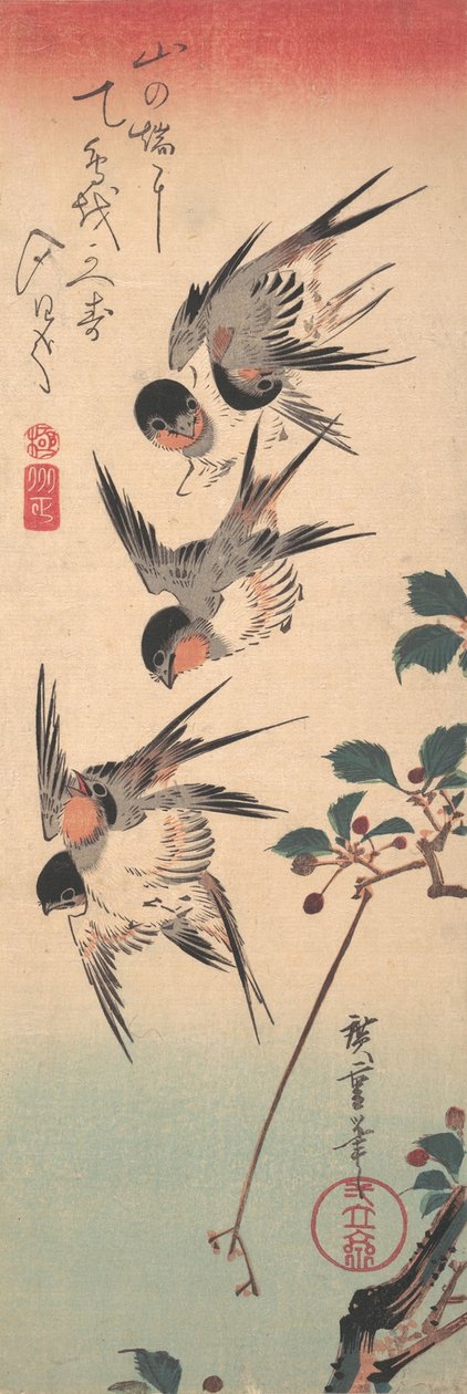 Svalor och spirande vildkörsbär, ca. 1835., ca. 1835. av Ando Hiroshige