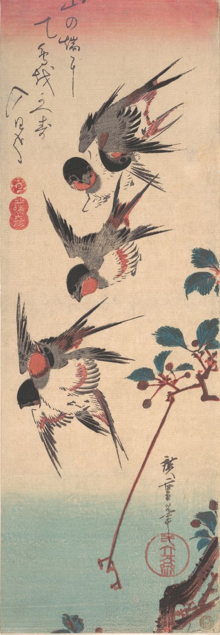 Svalor och vildkörsbär, ca. 1834., ca. 1834. av Ando Hiroshige