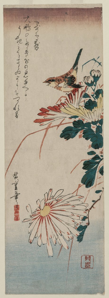 Sångare och krysantemum, mitten av 1830-talet. av Ando Hiroshige