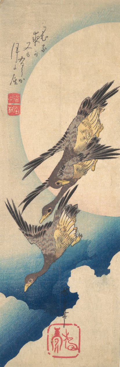 Vildgäss som flyger under fullmånen, ca. 1833., ca. 1833. av Ando Hiroshige