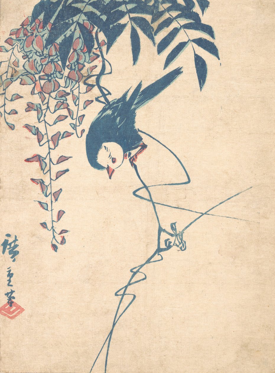 Blåregn och vithövdad fågel, ca. 1842, ca. 1842. av Ando Hiroshige