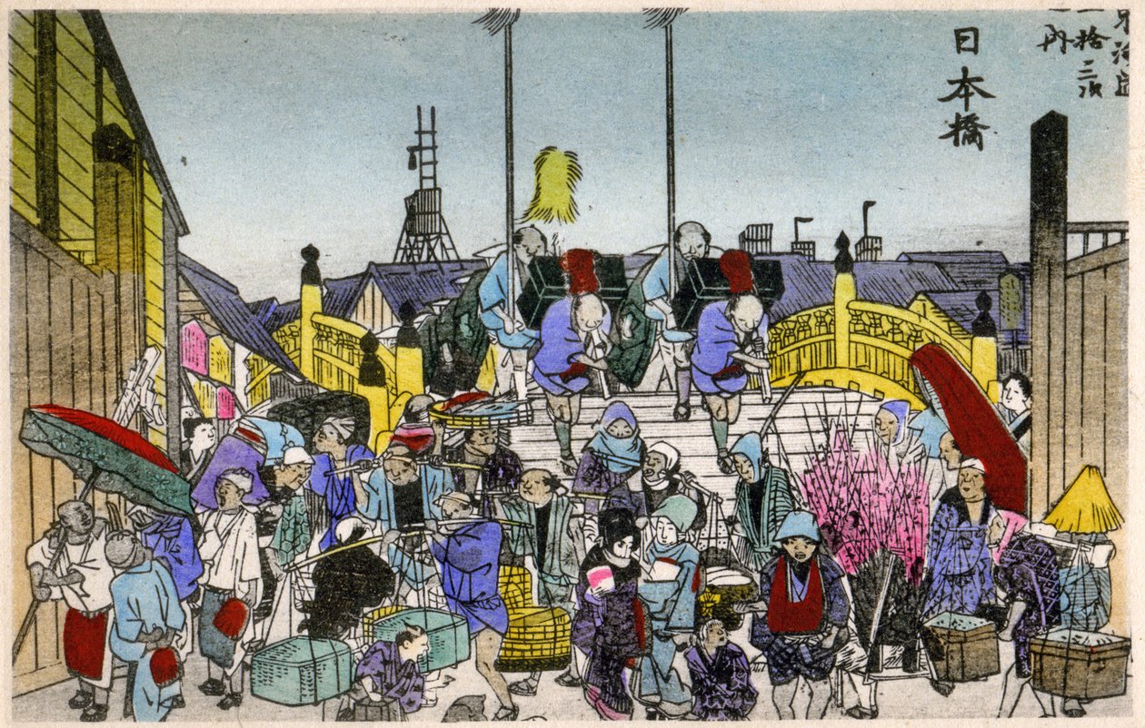 Geografi. Japan - ett land. Morgonglöd vid Nihonbashi (1:a stationen). Träsnitt av Hiroshige i: Femtiotre stationer på Tokaido (1833-1834). Vykort, Japan, ca 1900 (vykort) av Ando or Utagawa (after) Hiroshige