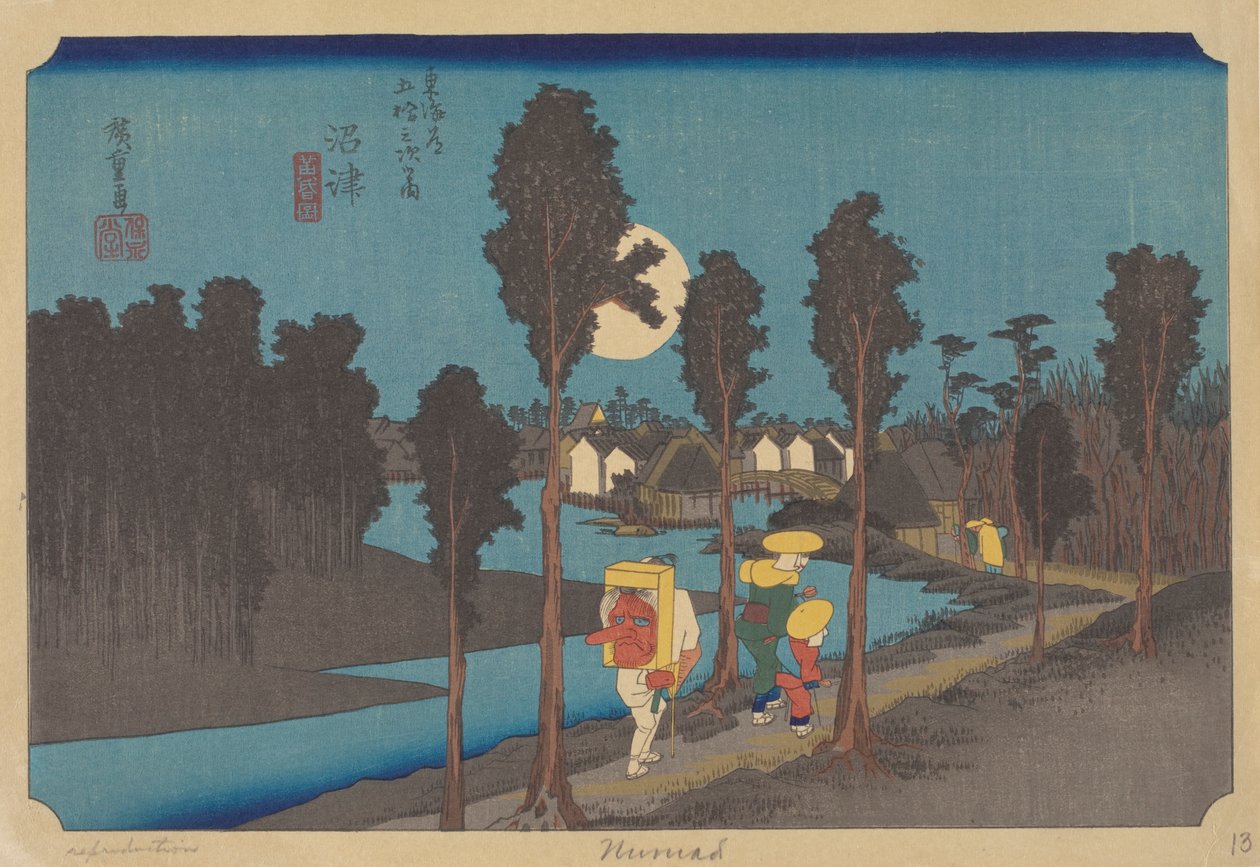 Numazu Station (träblock i färg) av Ando or Utagawa (after) Hiroshige