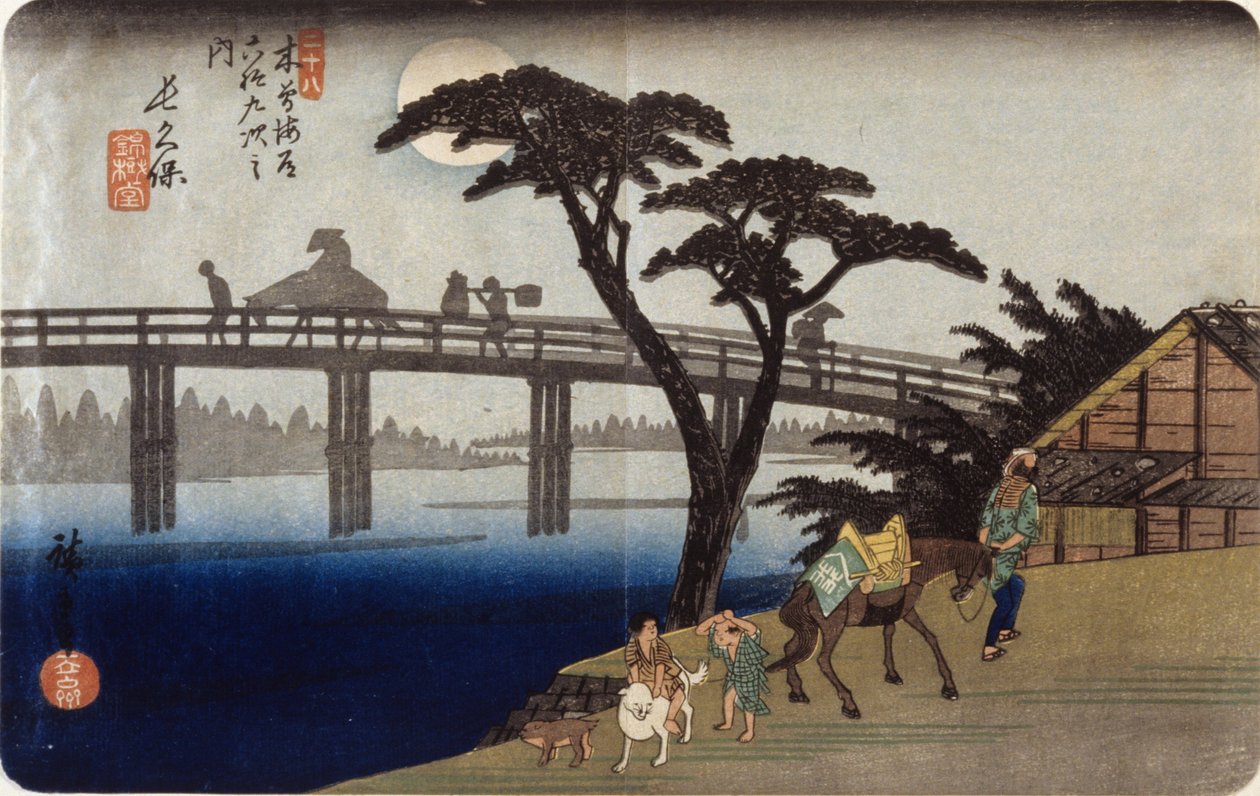 (Grå silhuetter på bron) av Ando or Utagawa Hiroshige