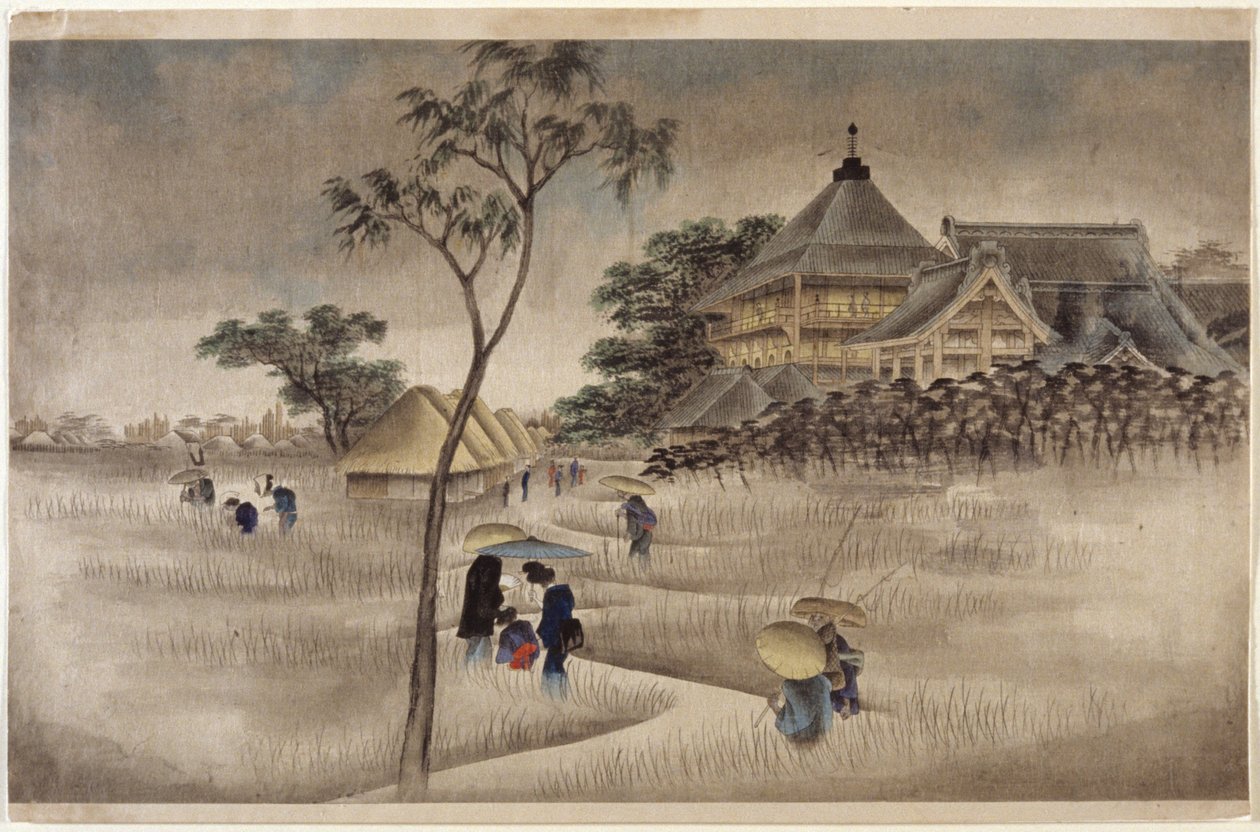(Stor byggnad med hyddor nedanför) (samma som 17.218) av Ando or Utagawa Hiroshige