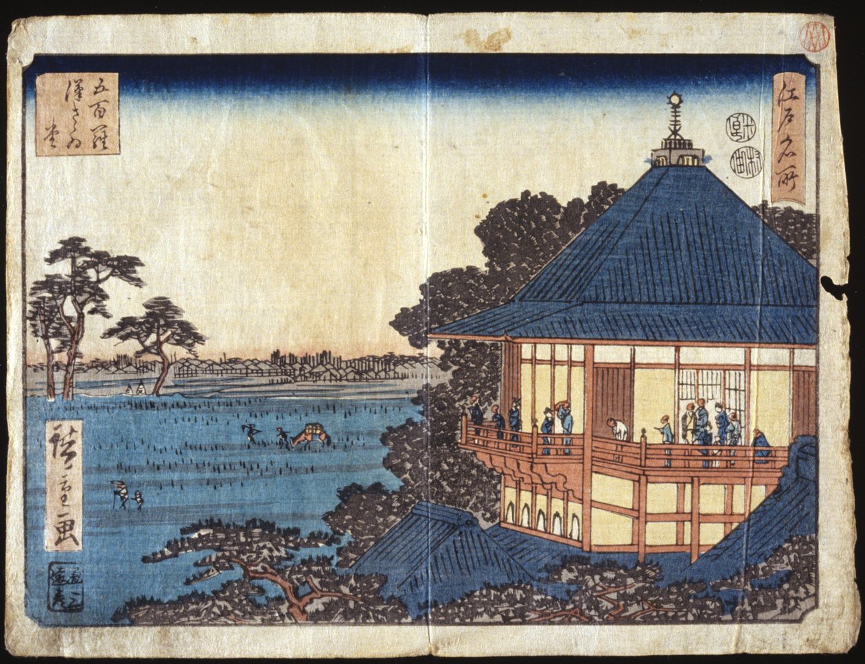 500 Arhats, Sazai Hall (träsnitt i färg) av Ando or Utagawa Hiroshige