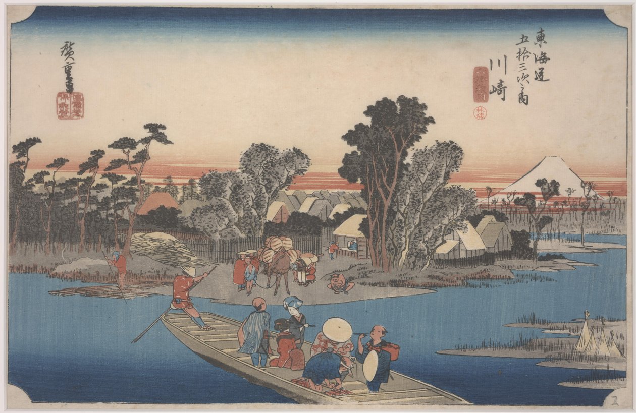 En färja på Rokugofloden av Ando or Utagawa Hiroshige