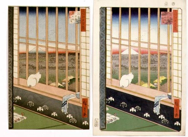 Asakusa Rice Fields under Festival of the Cock från serien "100 Views of Edo", pub. 1857 av Ando or Utagawa Hiroshige