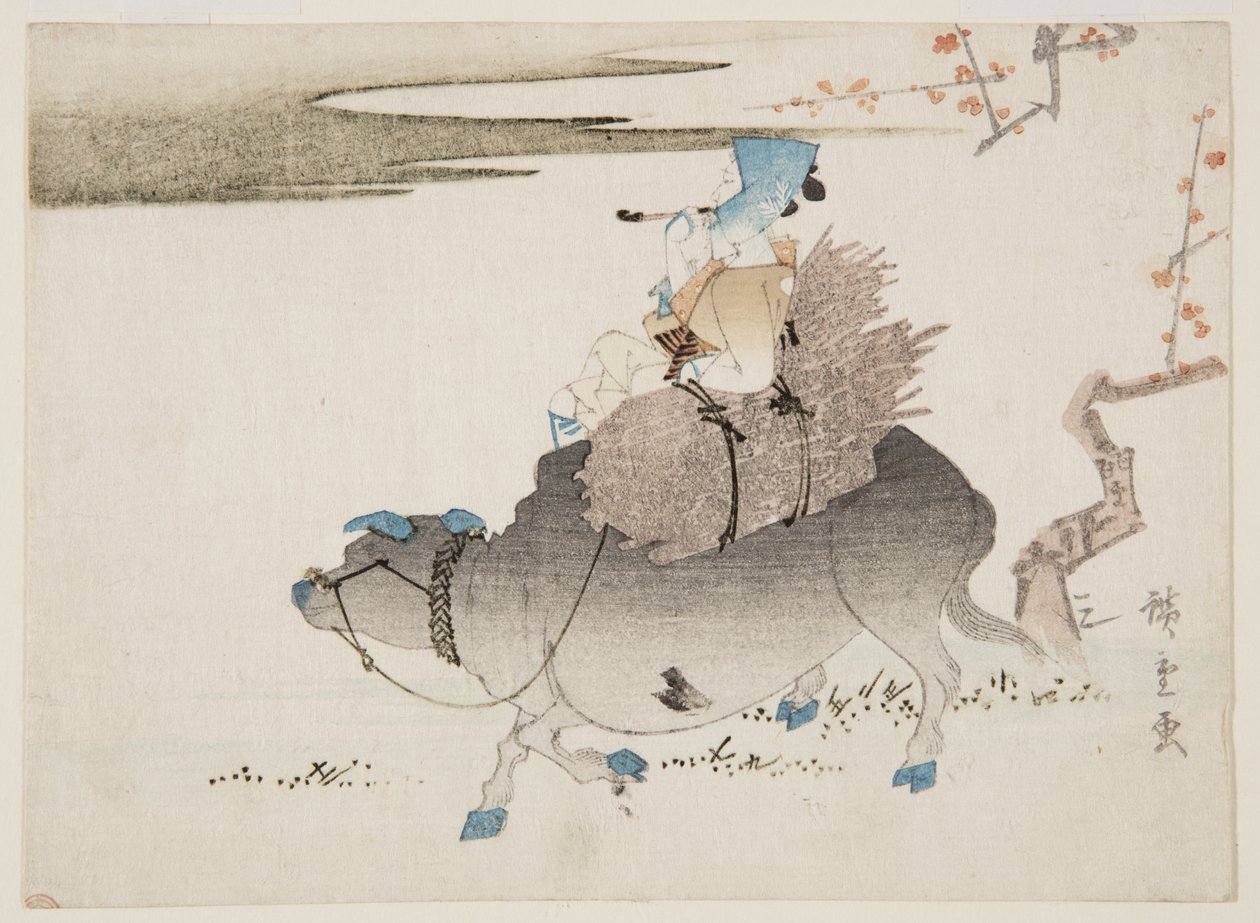 Boskapsman och en ko (trätryck i färg) av Ando or Utagawa Hiroshige