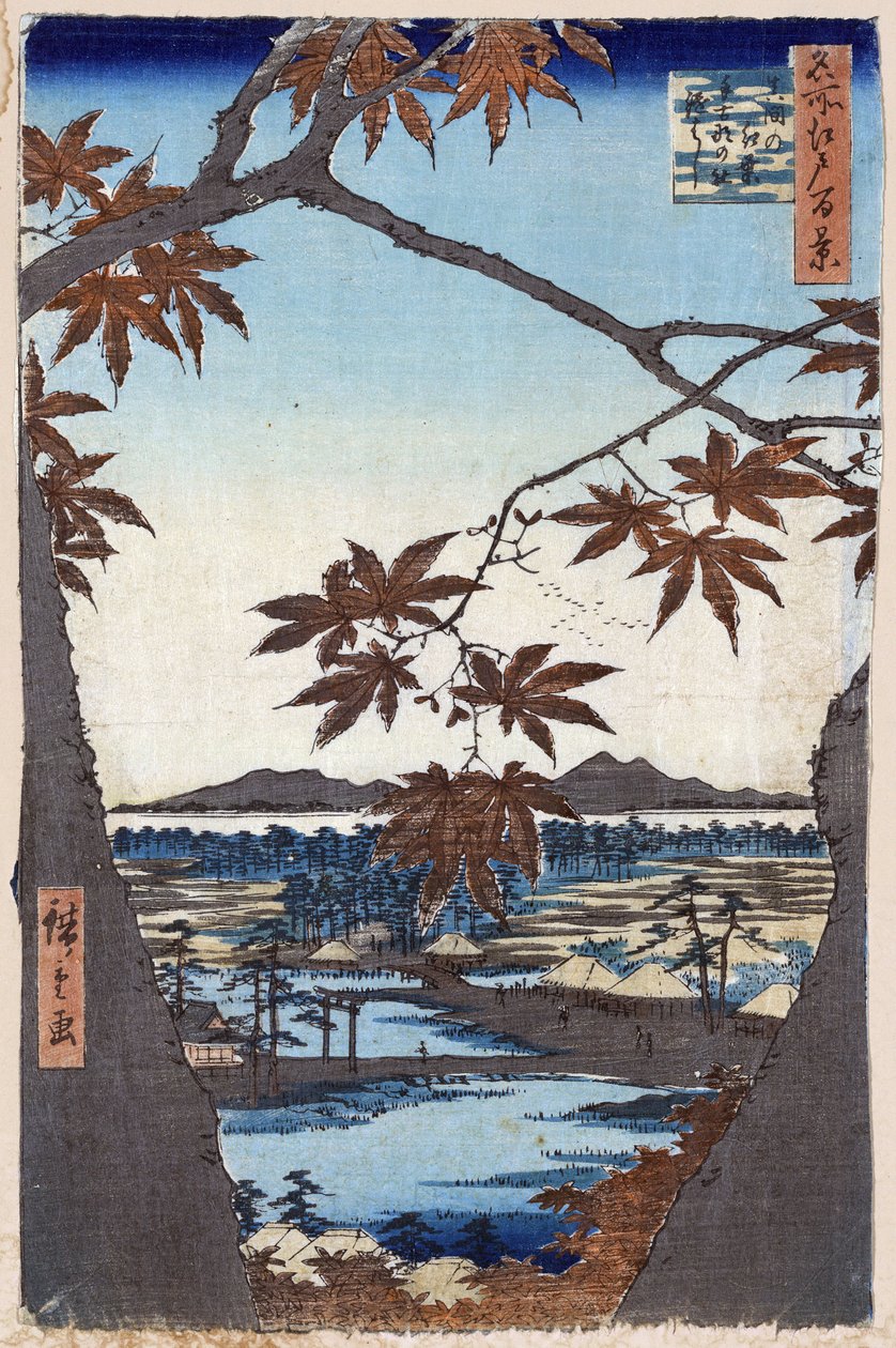 ""One Hundred Famous Views of Edo"" (Dagens Tokyo): Lönnlöv vid Mama med Tekona-templet och Tsugi-bron. Utsikt över staden Tokyo i Japan. (Lönnlöv och Tekona-helgedomen och bron vid Mama (Hundra berömda vyer av Edo). Japanskt träklosstryck av Ando or Utagawa Hiroshige