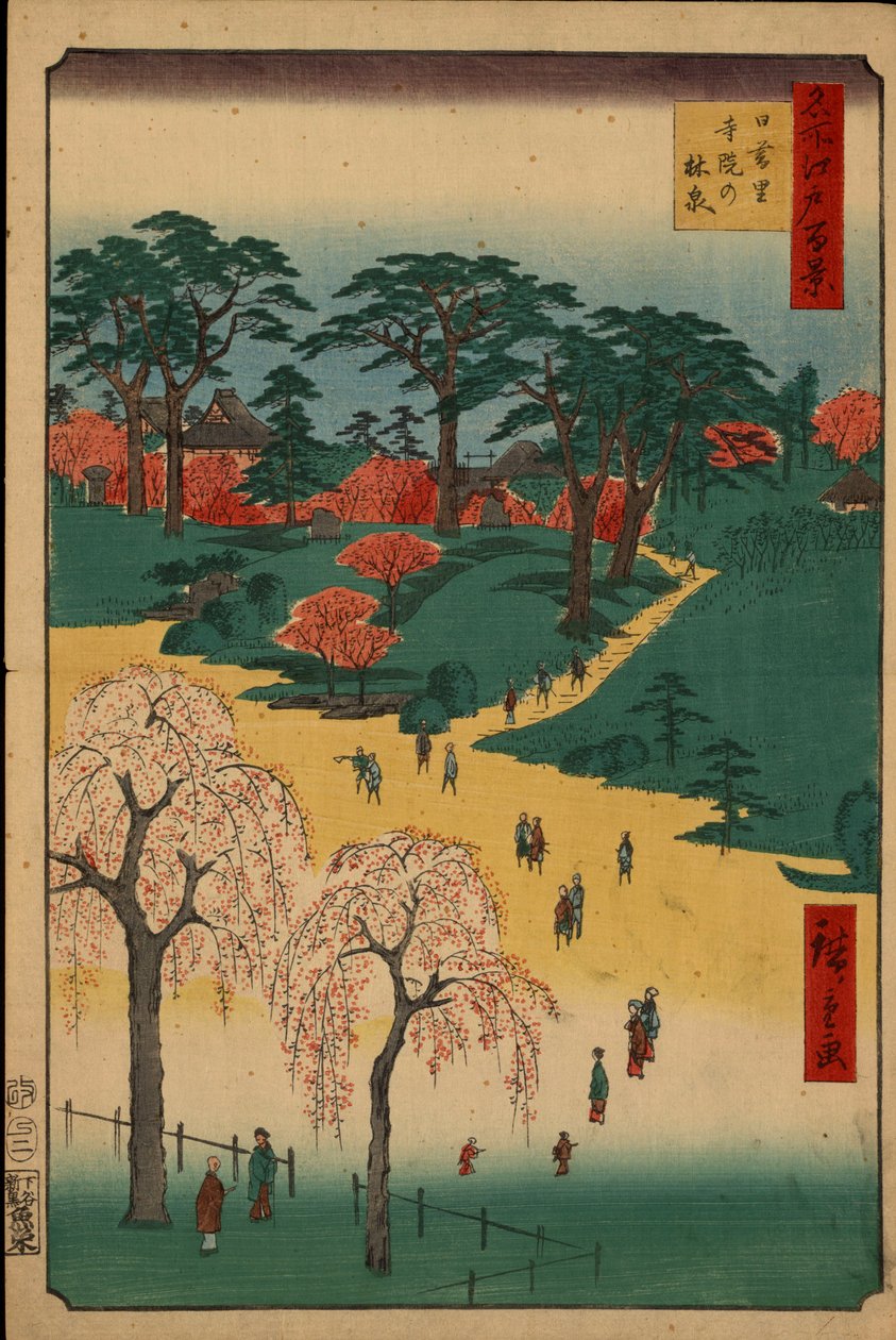 ""Hundra berömda utsikter över Edo"" (Dagens Tokyo): Temple Gardens in Nippori. Tokyo stadsvy i Japan. (Temple Gardens in Nippori (Hundra Famous Views of Edo). Japanskt tryck av Utagawa Hiroshige (1797-1858) av Ando or Utagawa Hiroshige