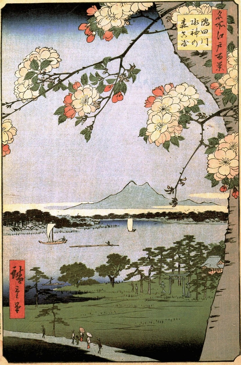 ""One Hundred Famous Views of Edo"" (Dagens Tokyo): Massaki och Suijin Woods på stranden av Sumidafloden bakom grenar av körsbärsträd. Utsikt över staden Tokyo i Japan. (Massaki och Suijin-lunden vid Sumidafloden (Hundra berömda vyer av E av Ando or Utagawa Hiroshige